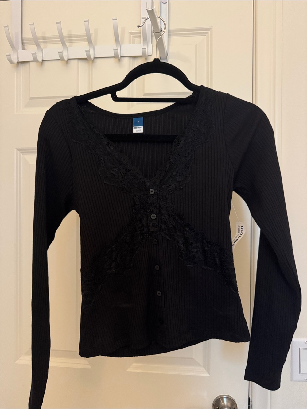 Old Navy NWT Black Lace-Trim Ribbed Button-Front Women's Top